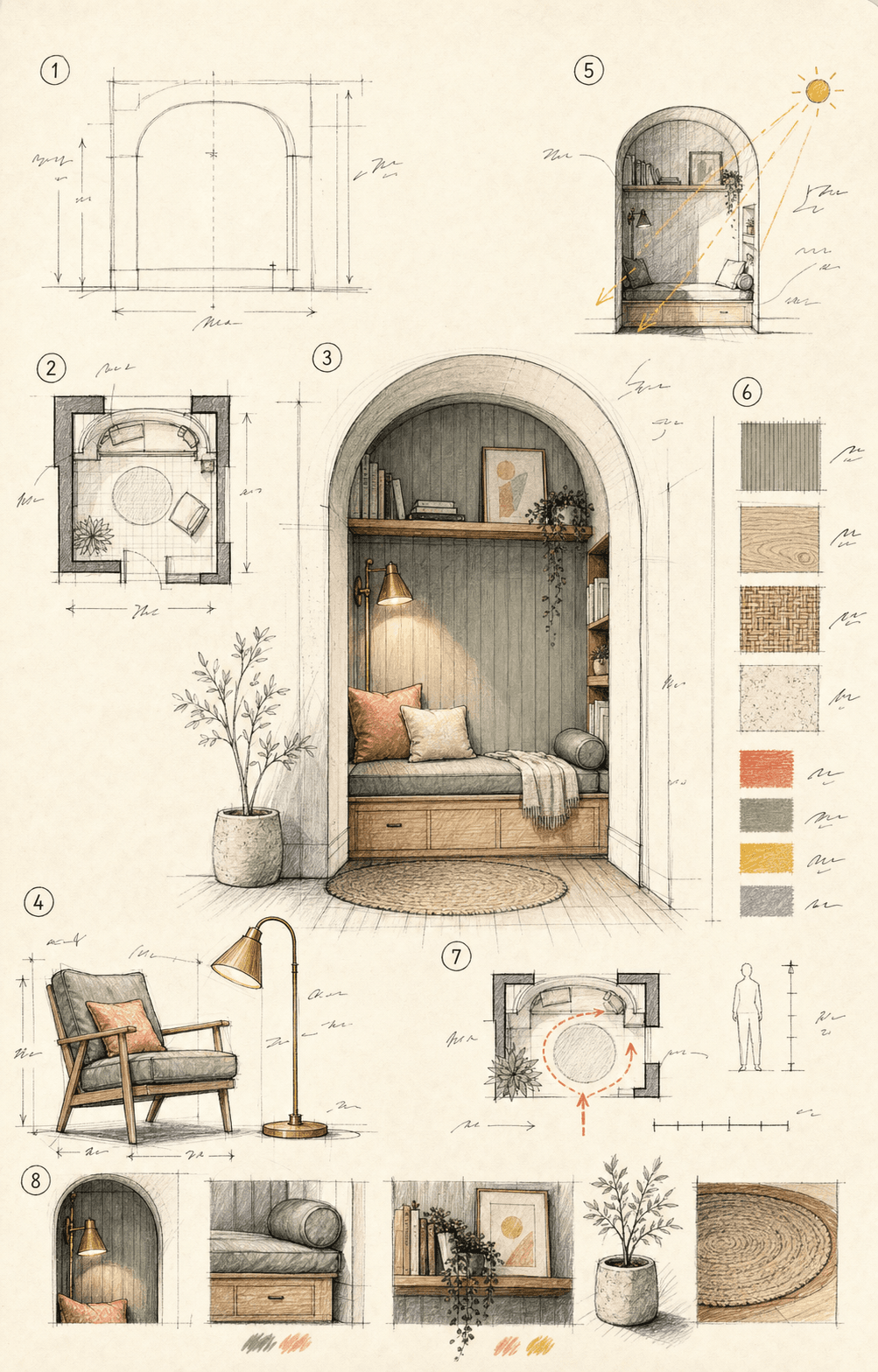 Detail from the arched reading-nook sketch: Arched Reading Corner