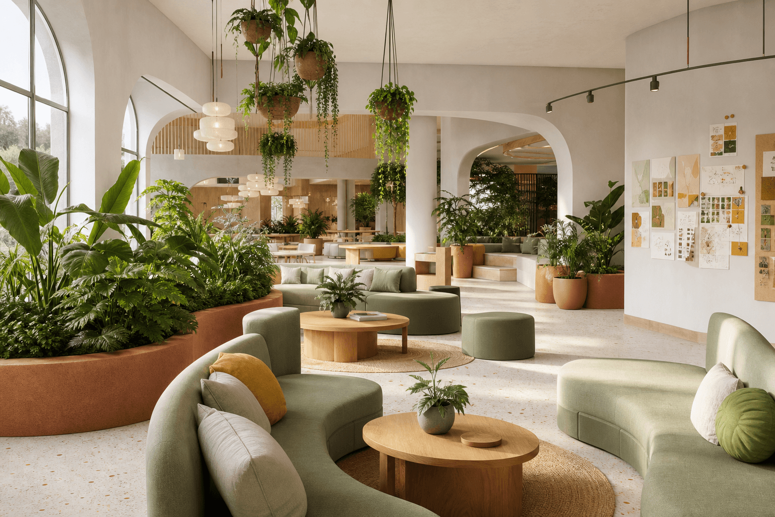Biophilic community lounge with curved seating, plants, oak tables, and sage upholstery.