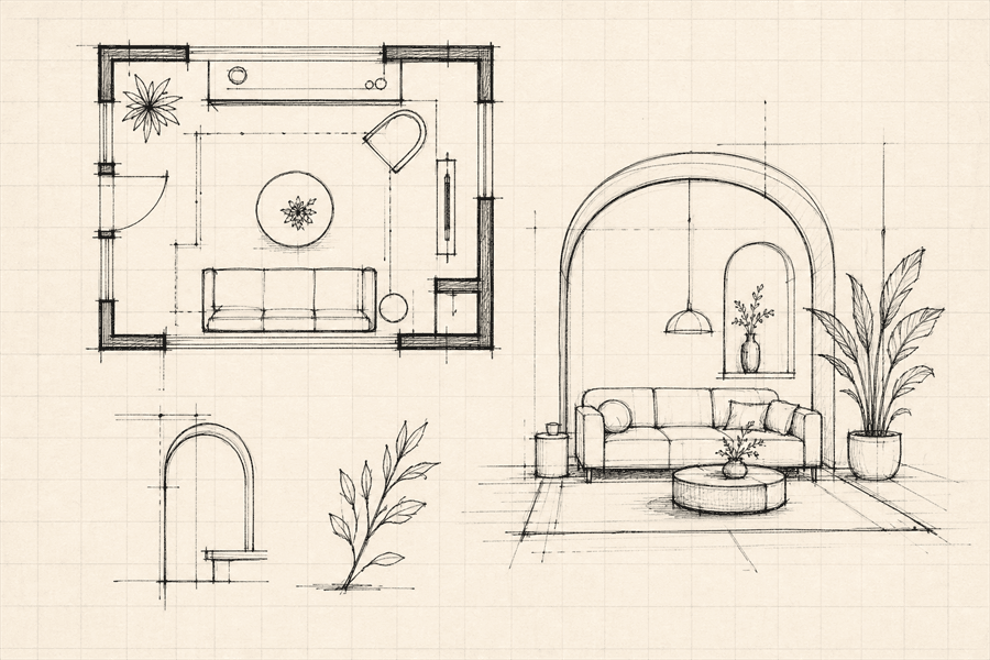 Hand-drawn interior floorplan study.