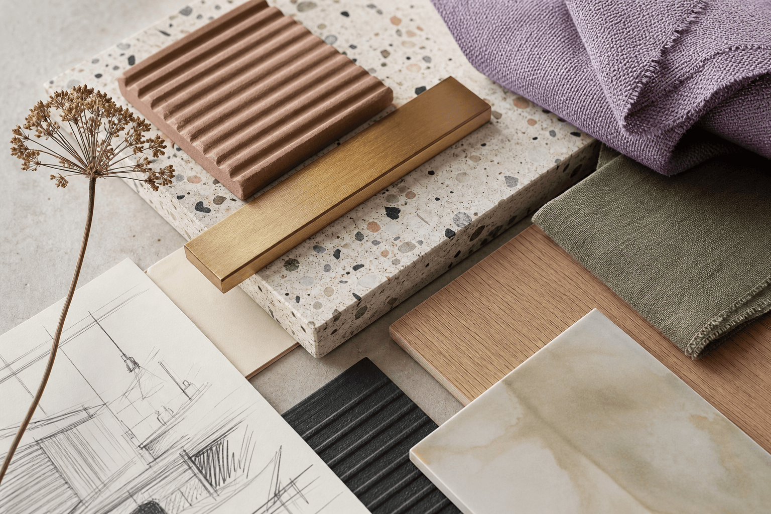 Interior design material board with terrazzo, brass, lavender textile, sage fabric, and sketches.