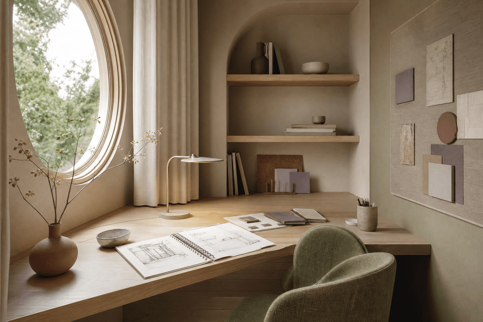 Compact study nook with built-in desk, olive chair, round window, and material samples.