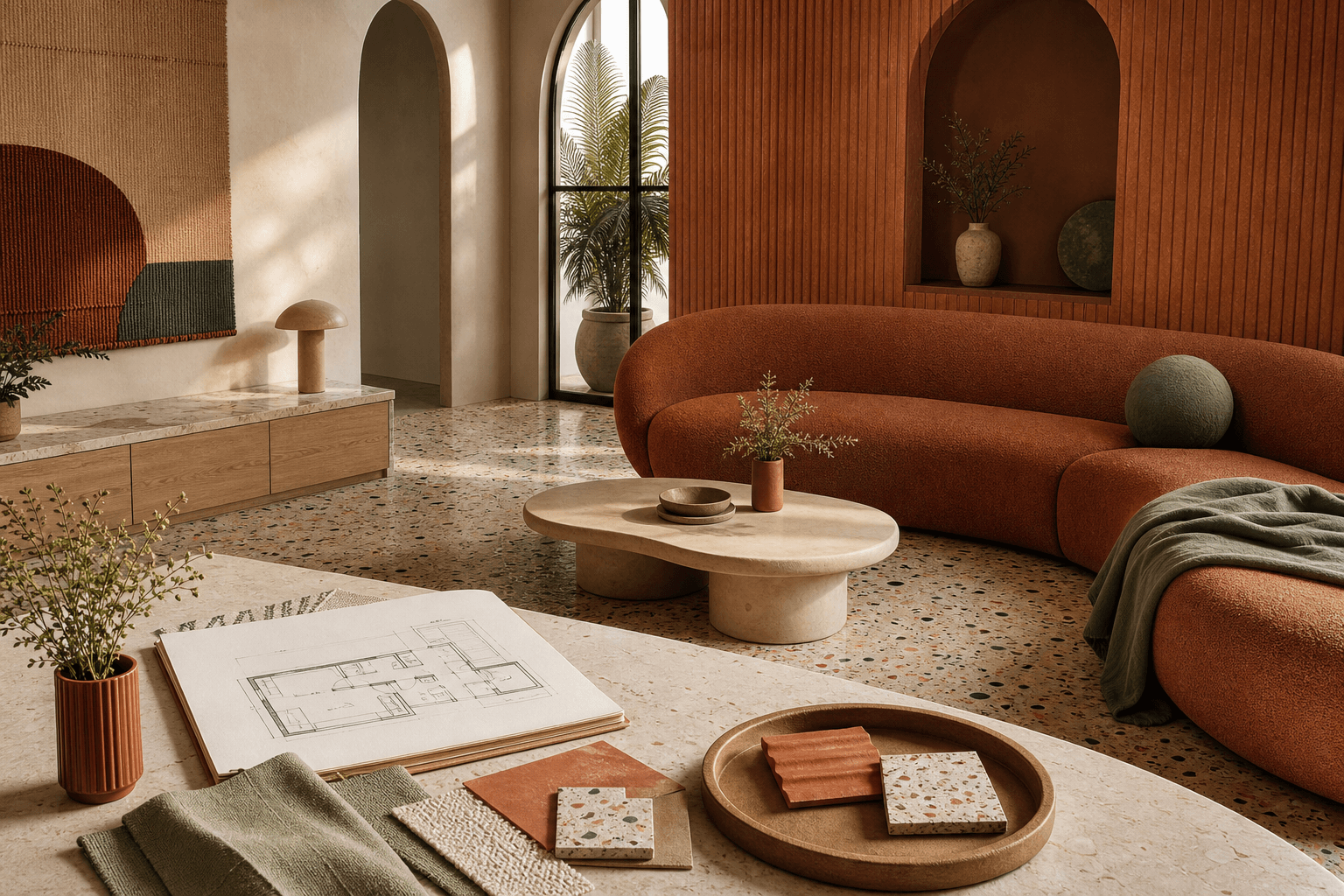 Terracotta living-space concept with arched niche, curved sofa, terrazzo, and material studies.